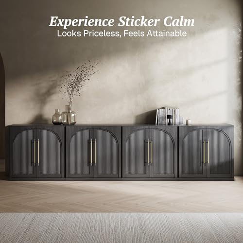 Image of BELLEZE Set of 4 Modular Sideboard with Double-Arc Wood Doors, 130'' Arched Buffet Cabinet with Storage and Adjustable Shelves, Classic Modern Credenza for Living Room Kitchen Entryway (Ebony)