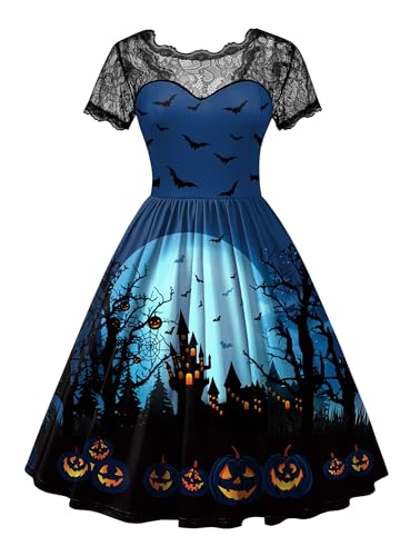For G and PL Kleid Halloween Damen Party Schwarz Spitzenkrägen Tief Rückenausschnitt Elegant Knielang Vintage Cocktailkleid Blau M For G and PL Kleid Halloween Damen Party Schwarz Spitzenkrägen Tief Rückenausschnitt Elegant Knielang Vintage Cocktailkleid Blau M