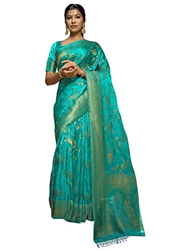 Vardha Sarees for Women Satin Silk Banarasi Woven Zari Sari | Indian Diwali Wedding Gift Sari & Unstitched Blouse, türkis, Einheitsgröße Cover