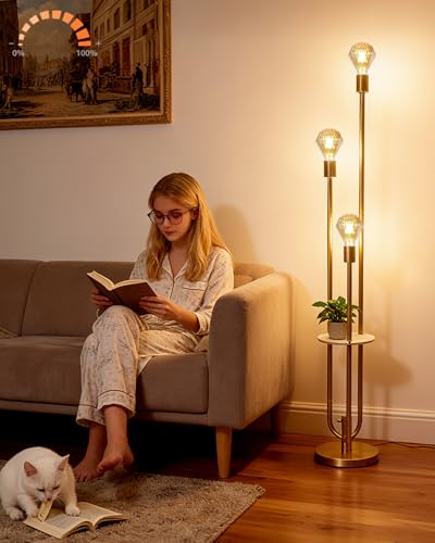 Image of Lightdot Gold Floor Lamp for Living Room Dimmable Vintage Floor Lamp with Shelf & E26 Bulbs Included Mid Century Standing Lamp Tall Lamp with 5Lbs Heavy Base for Bedroom /Sofa Beside /Corner Decor
