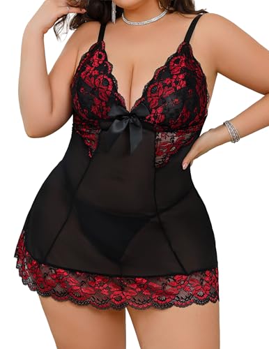 Image of Alrovetoney Women Plus Size Babydoll Lingerie Lace Chemise Mesh Sleepwear Strappy Sexy Nightgown Boudoir Outfit L-4XL