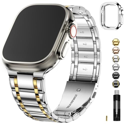 Image of Fullmosa Metal Bands With Case [Watch NOT Included] Compatible Apple Watch Strap 49mm,Steel Apple Watch Band for iWatch Ultra 3 /2 /1,49mm,Silver and Gold