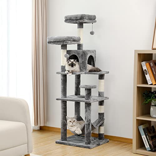 PEQULTI Cat Tower for Indoor Cats, 7-Layer Multi-Level Cat Tree with Sisal-Covered Scratching Post, Cozy Cat Condo, Hammock and Padded Top Perch, Grey, 60.6 Inches