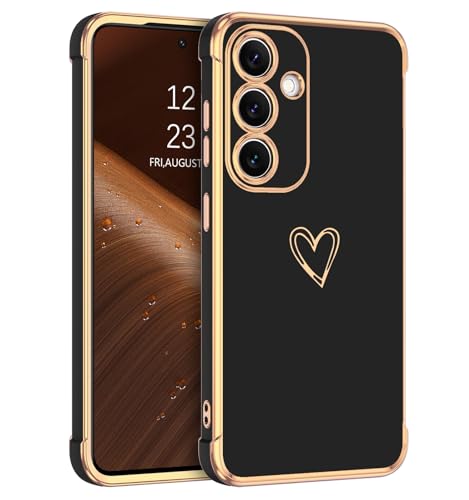 GUAGUA for Samsung Galaxy S24 Case, Luxury Electroplate Edge Bumper Cute Heart Pattern Cover Women Girls with Camera Protection & 4 Corners Shockproof Protection Phone Cover Galaxy S24 case 6.2" Black
