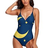 Novelty Swimwear One Piece for Women, Cute Print Bikini Moon and Stars, Cheeky Slim High Leg Cut, Op
