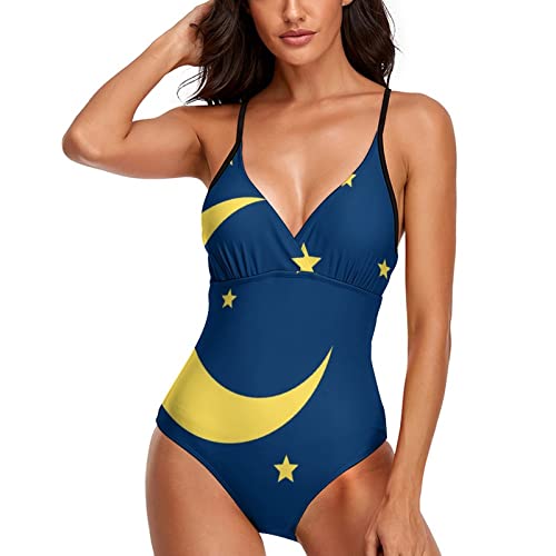 Novelty Swimwear One Piece For Women, Cute Print Bikini Moon And Stars, Cheeky Slim High Leg Cut, Open Back Swimsuits For Beach Party Swim Pool, Scottish Tartan Plaid Green, X-Large #TOP15