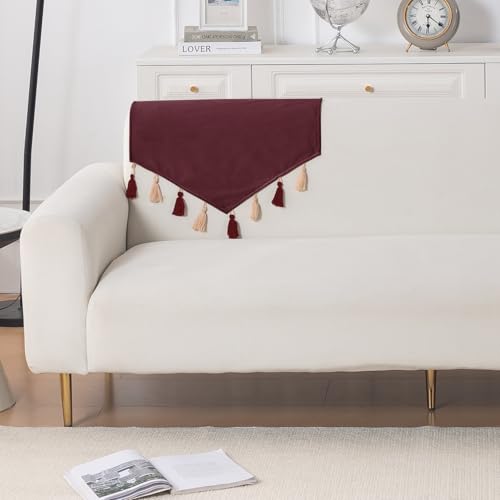 Image of HOKIPO Premium Holland Velvet Sofa Backrest Cover with Tassels - 'TasselTone Series', Wine Red (IN-1103-MRN)