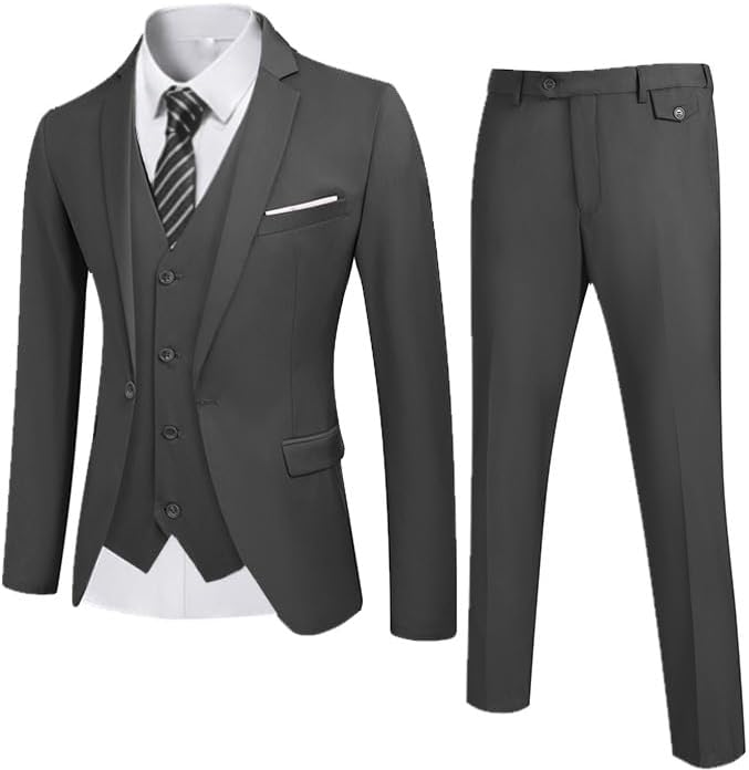 COOFANDY Men's 3 Piece Wedding Suit Set One Button Slim Fit Jacket Blazer Vest Pants Set Groom Prom Tuxedo Suits
