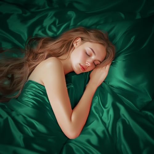Love's cabin Twin XL Satin Sheet Sets - 3 Piece Dark Green Silky Bed Sheets with Deep Pockets, Luxury Silk Feel Satin Sheet Set Twin XL (1 Flat Sheet,1 Fitted Sheet,1 Pillow case)