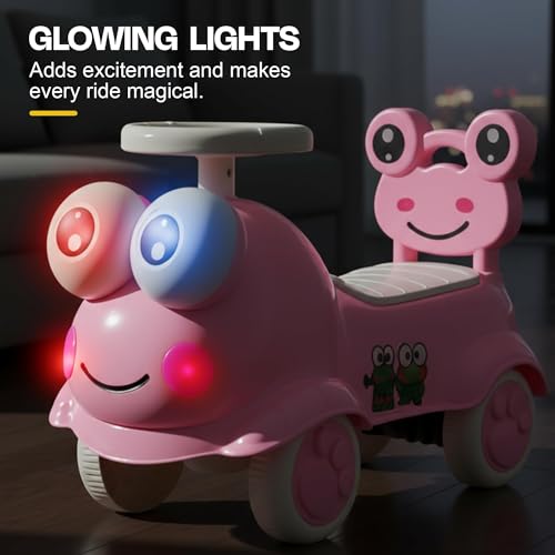 Image of Kermit Ride on Cars for Kids | Portable Kids Car with Music & Toy Storage | Indoor Baby Push Ride-ons with Lights & Safety Backrest | Outdoor Rider Cars for Kid 18+ Months (Pink)