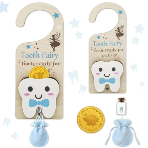 Image of Tooth Fairy Tooth Bag, Tooth Fairy Door Hanger with Tooth Fairy Coin, Money Slot, Keepsake Bottle, Velvet Pouch, Tooth Fairy Box - Encouragement Gift for Boys and Girls Losing Teeth
