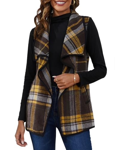 Image of YACUN Women Plaid Vest Lapel Open Front Sleeveless Cardigan