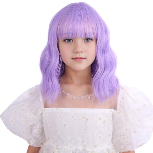 Image of Girls Lavender Purple Wig Child Short Light Purple Wavy Curly Wig Kids Wigs with Air Bangs Heat Resistant Synthetic Wigs with Cap