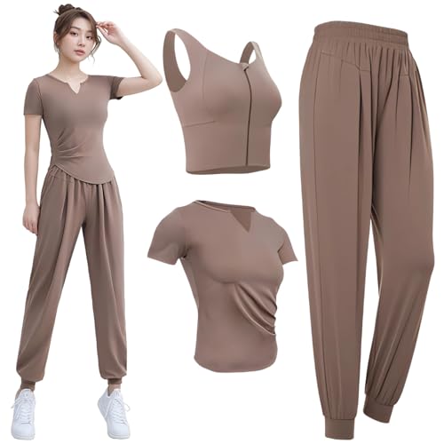 Tenue de sport femme XXL débardeur t-shirt pantalon pour gym et yoga marron