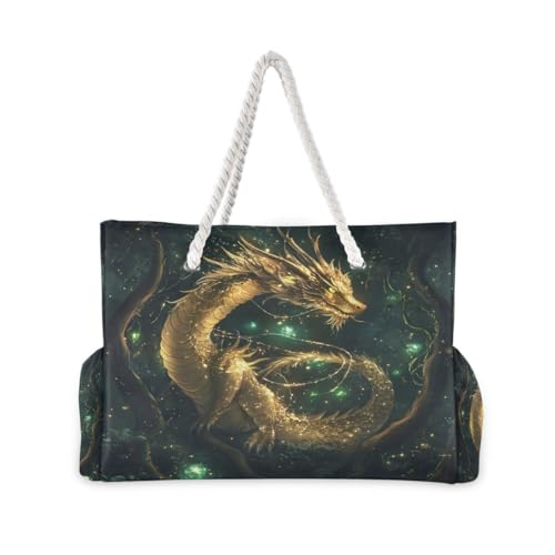 Large Beach Bags Totes Canvas Tote Shoulder Bag The Golden Dragon Water Resistant Bags for Gym Travel Daily2