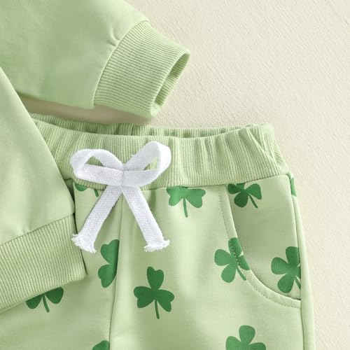 Image of Toddler Baby Boy Girl St Patricks Day Outfit Lucky Embroidery Waffle Long Sleeve Sweatshirt Pants Spring Clothes Set