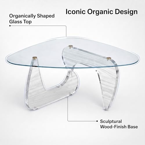 Image of 35.8 inch Glass Coffee Table, Modern Coffee Tables for Living Room, Organic Round Coffee Table with Clear Tempered Glass Top and Walnut Finish Wood Base, Small Center Table, Mesa de Centro para Sala