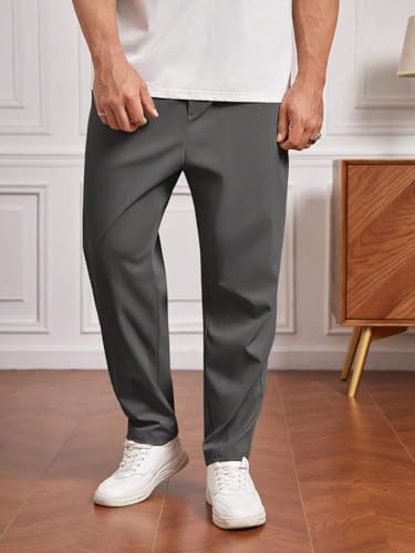 Image of SHIENZY Men's Elastic Waist Formal Trousers | Comfortable Business Casual Pants with Drawstring | Lightweight Workwear for Men | Beige Office Pants