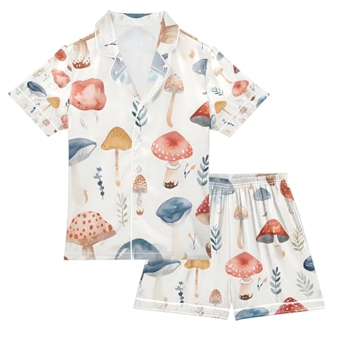 senya Mushrooms Color Satin Summer Pajama Sets Silk Short Sleeve Button Down Sleepwear