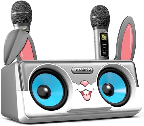 Rabbit Karaoke Machine for Kids, Children and Toddlers with 2 Wireless Bluetooth Microphones, Portable PA Speaker System Includes Lyrics Display Phone Holder, TV Cable and Singer Vocal Removal Mode