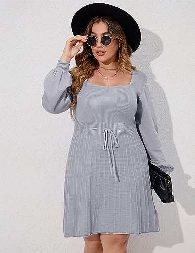 Image of Women's Plus Size Casual Sweater Dress Square Neck Long Lantern Sleeve Tie Waist Loose Pullover Sweater Dresses