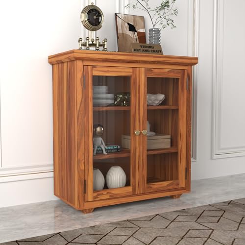 Image of Solid Sheesham Wood Sideboard Cabinet for Living Room | Wooden Storage Cabinet with 2 Acrylic Glass Doors & Shelves | Modern Display Sideboard for Home (Honey Finish)