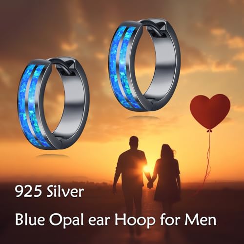 Black Hoop Earrings for Men Sterling Silver Blue Opal/Turquoise/Malachite Huggie Hoops Earrings Jewelry Gift for Men2