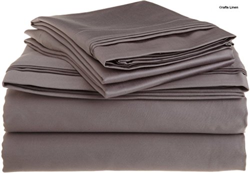 Crafts Linen - Sábana Bajera Ajustable de algodón Egipcio de 600 Hilos, 1 sábana Bajera y 2 Fundas de Almohada de Doble (+ 18 cm) de Profundidad, Color Gris Oscuro sólido