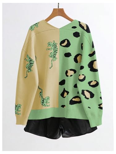 Image of WDIRARA Women's Leopard Tiger Print Cardigan V Neck Long Sleeve Color Block Button Down Sweater Outwear