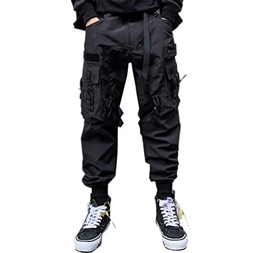 Ribbon Multi-Pocket Cargo Pants Men Hip Hop Streetwear Jogger Pants Black Techwear Male Pencil Trousers