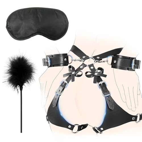 SM Bondageset Fessel Set,Sex Bondage Punk Harness Damen Leder mit Handschellen Sex Bett,SM Augenmaske,BDSMs Spielzeug Hart,Sexy Reizwäsche Kostüme für Erwachsene,Gothic Kleidung Damen Strumpfband