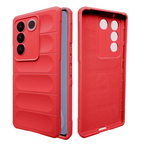 Image of A rtistque Liquid Silicone Stripes Back Cover Case for Vivo V27 / V27 PRO 5G | with Camera Protection | with Inner Fabric | Anti Slip Grip | AirBag Case| Vivo V27 / V27 Pro 5G Back Cover - Red