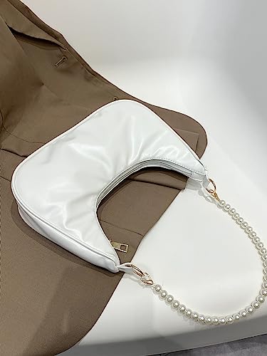 Image of SweatyRocks Women's Pearls Chain Top Handle Shoulder Bags PU Leather Zipper Hobo Bags Clutch Purses White One-Size