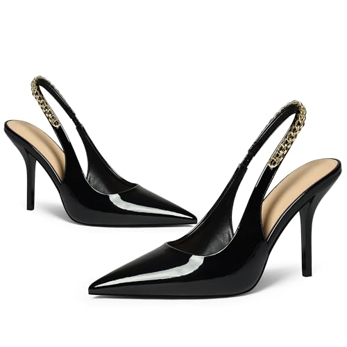 iiimmu Women's Stiletto Heels Closed Pointed Toe 4 in Heels for Women Patent Leather Pumps with Chain Wedding Party Dress Prom Heels Slingback Pumps3