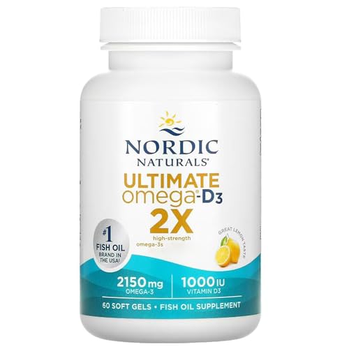 Nordic Naturals Ultimate Omega 2X, 2840 Omega-3, Fish Oil with EPA, DHA and Vitamin D2, Lemon Flavour, 60 Softgels, Lab Tested, SOYA Free, Gluten Free, Non-GMO