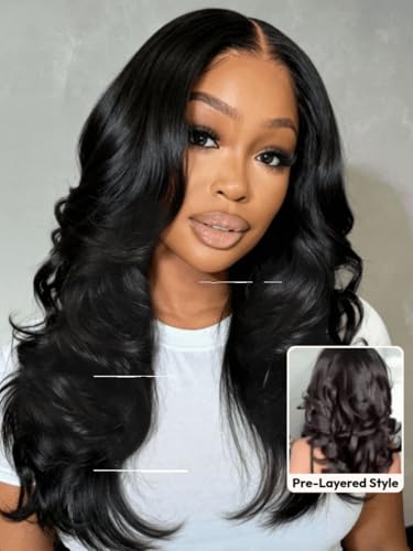 Image of Beauty Forever Bye Bye Knots 7x5 HD Lace Body Curl Wig Human Hair with Feathered Layers & Invisi Drawstring,180% Density Natural Black Blowout Wig Soft C-Shape Ends Glueless Pre-Cut Lace Wig 22inch