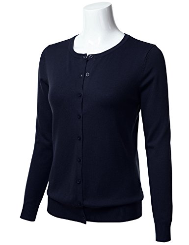 FLORIA Women's Button Down Crew Neck Long Sleeve Soft Knit Cardigan Sweater Navy M