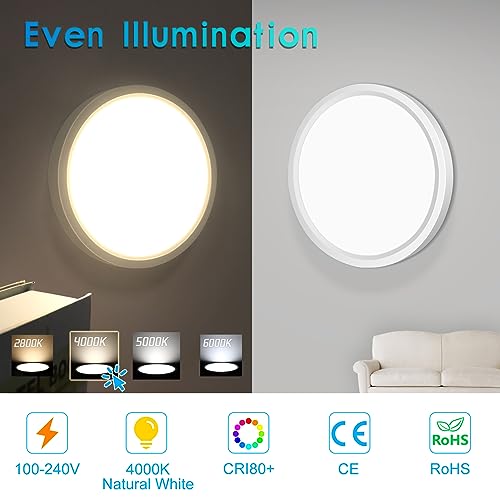 LightingWill 7 Inch LED Flush Mount Ceiling Light Fixture, 4000K Nurture White, 1500LM, 12W, Flat Modern Round Lighting Fixture, 120W Equivalent White Ceiling Lamp for Kitchens, Bedrooms.etc.