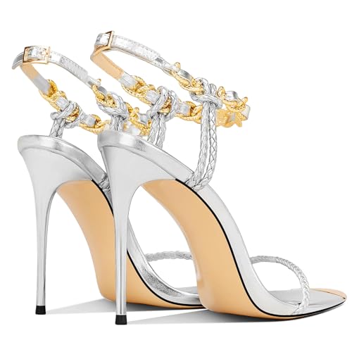 Image of Gold Strappy Stiletto Heels for Women Metallic Ankle Strap Open Toe High Heel Sandals Elegant Dress Shoes for Wedding Party Prom and Evening Events