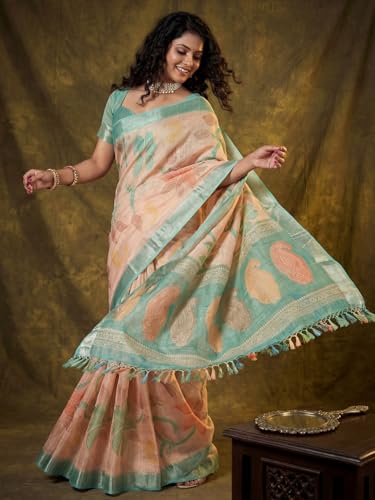 Image of AKHILAM Women's Floral Printed Handloom Cotton Silk Saree with Zari Border and Tassel Pallu Unstitched Blouse Piece | Traditional Ethnic Wear Sarees | Women saree silk | Festive Sari Women's