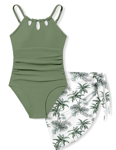 KANGKANG Girls Swimsuit Quick Dry Cut Out One Piece Swimsuits with Tropical Print Cover Up Skirt Bathing Suit Swimwear 7-18Y