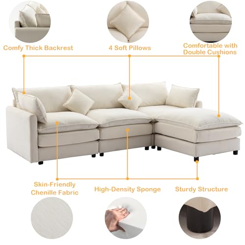 Image of Dolonm L Shaped Sofa Modern Beige Sectional Couches for Living Room Extra Large Cloud Couch 3 Seater Upholstered Sofa with Ottoman, 101 Inch Wide
