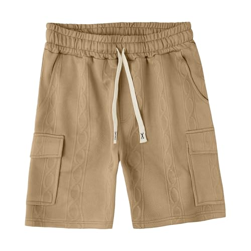 Image of Men's Cargo Shorts Casual Elastic Waist Drawstring Textured Lightweight Summer Comfy Beach Shorts Multi Pockets
