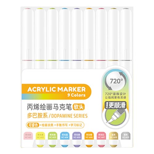 9色のアクリルペイントペンとブラシチップリキッドアクリルペイントマーカーペンジャーナリング用絵画ぬりえカード製造ナイロンブラシマーカーを作成
