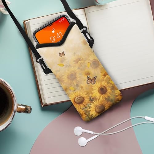 Image of Small Cross Body Bag for Woman Man Cell Phone Crossbody Purse Neoprene Travel Shoulder Handbags for Cellphone, Passport, Keys, Lipstick, Power Bank 8 x 4 inch, Sunflower Butterfly Yellow