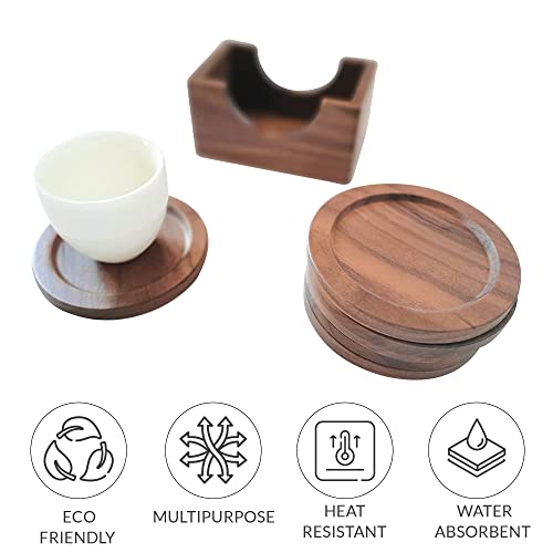 Lilymeche Concept Walnut Wood Drink Coasters With Holder & Wood Coffee Stick, Wooden Coaster Set, Suitable For Coffee Cups, Beer Glasses, Mugs, Wine Cup (4 Inch-6 Pieces) #TOP2