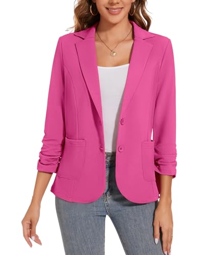 LADI TREND Women's Ruched 3/4 Sleeve Blazers Lightweight Slim Fit Suits for Business Casual with Pockets *Hot Pink,Size L*