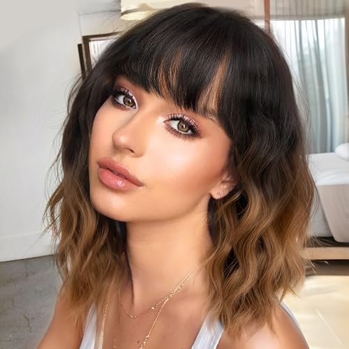 nnzes short wavy wig with bangs for women shoulder length bob curly women39s charming synthetic wigs with natural wavy black to brown heat resistant hair for daily party use