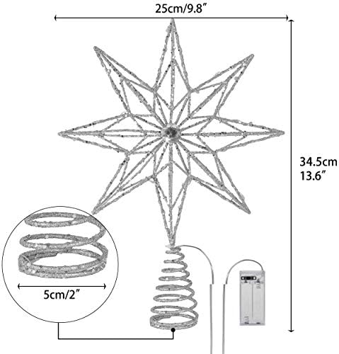 Valery Madelyn Glitter Christmas Tree Topper Decorations with LED Lights, Frozen Winter White Metal Star Tree Top, Battery Operated (Batteries are not Included), 14inch/34.5cm