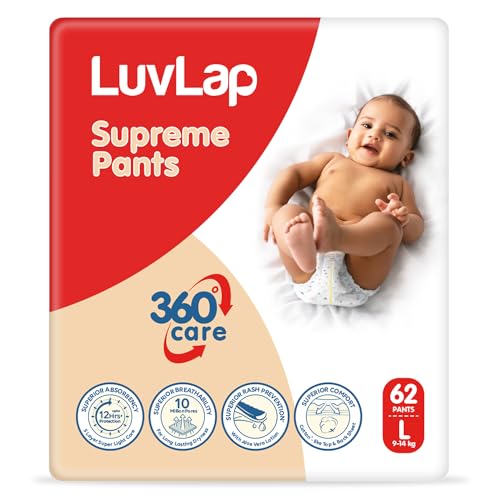 LuvLap Supreme Diaper Pants Large (LG) 9 to 14Kg, 62Pcs, 360° skin care with 10 million breathable pores, Aloe Vera for superior Rash prevention, upto